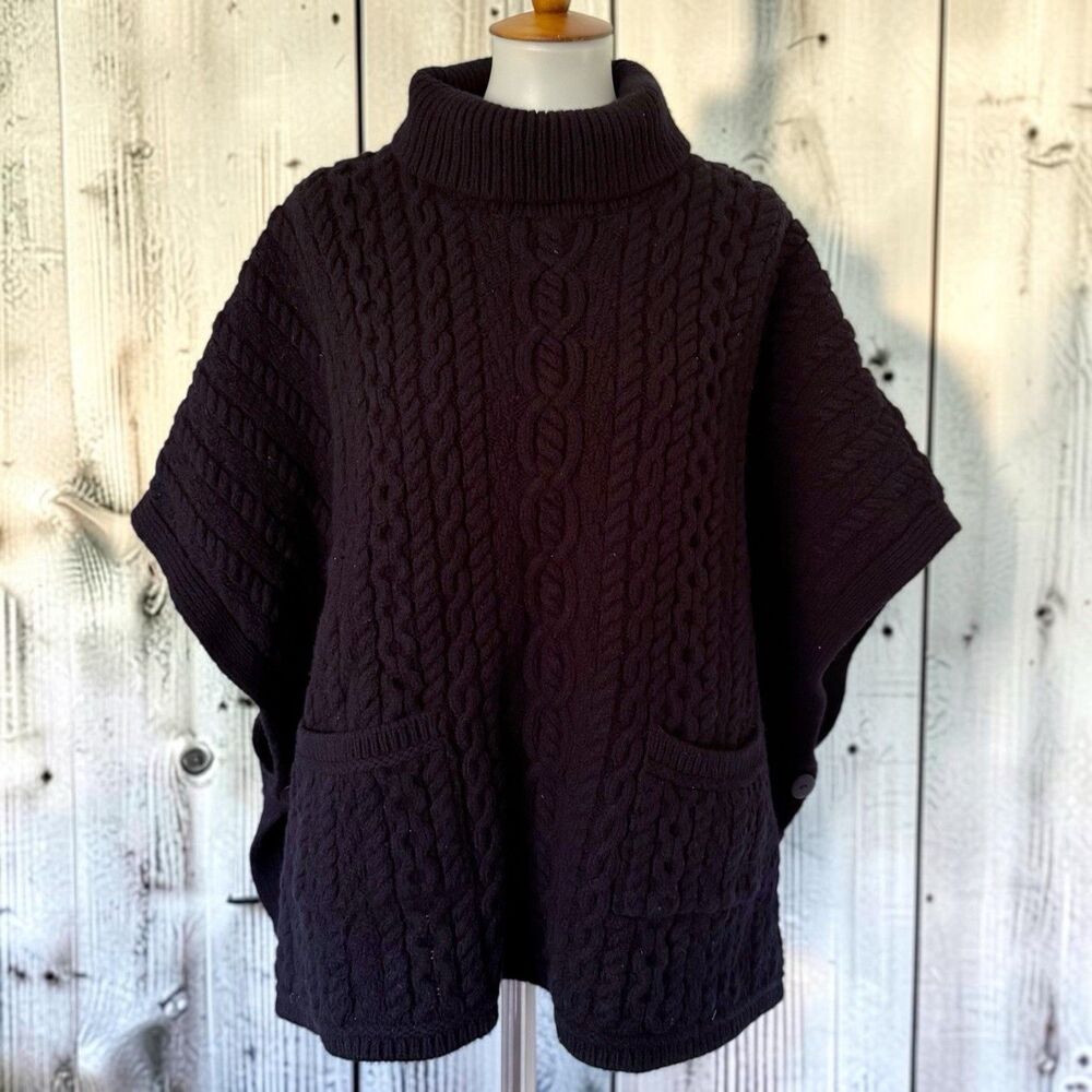 Aran Crafts 100% Merino Wool Cable Knit Cape Poncho Black Turtleneck Pockets XXL